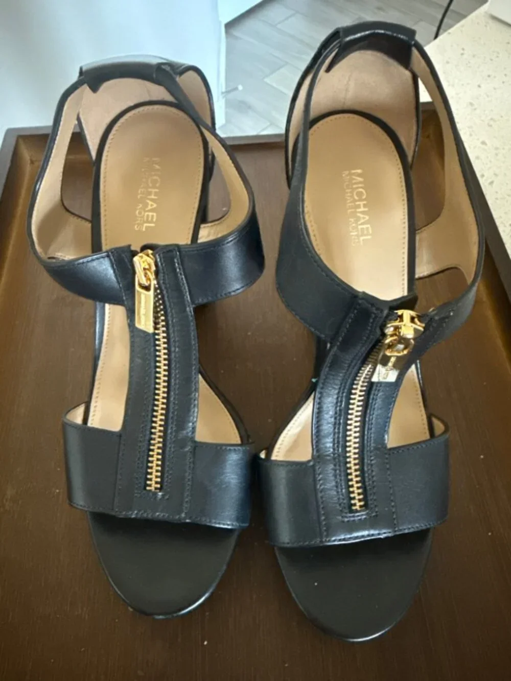 Michael Kors Black Leather Zip Front Heeled Sandals Sz 7M